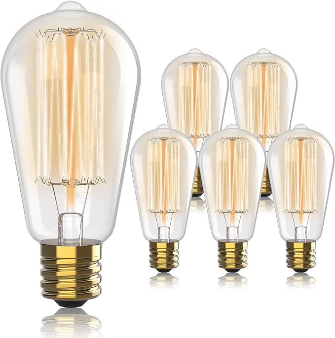 Vintage Edison Incandescent Light Bulbs - 6-Pack 60W, E26/E27, Dimmable 2100K Antique Filament Lamp - ST64 Squirrel Design for Indoor & Outdoor Use