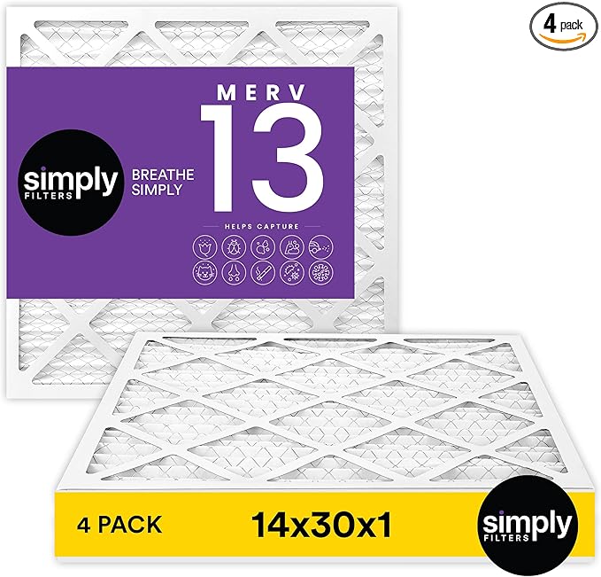 Simply 14x30x1 Air Filter, Merv 13, MPR 1500, 4 Pack, For Home AC Furnace & HVAC (Actual Size: 13.75"x29.75"x0.75") DUST, Pet, & Allergy Control