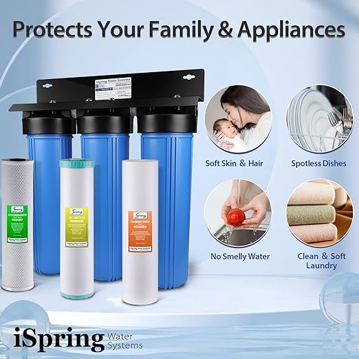 iSpring WGB32B-KS+AHPF12MNPT16X2 3-Stage Whole House Water Filter, Reduces Heavy Metals, Hydrogen Sulfide, Chlorine, Chloramine, Sediments w/ 3/4'' Push-Fit Braided Stainless Steel Hose Connectors