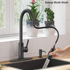 Smart Kitchen Faucet, 3 Modes Pull Down Sprayer, Ceramic Valve, 360-Degree Rotation, 1 or 3 Hole Deck Plate. 10-Year Warranty. (KW-68R, Matt Black)