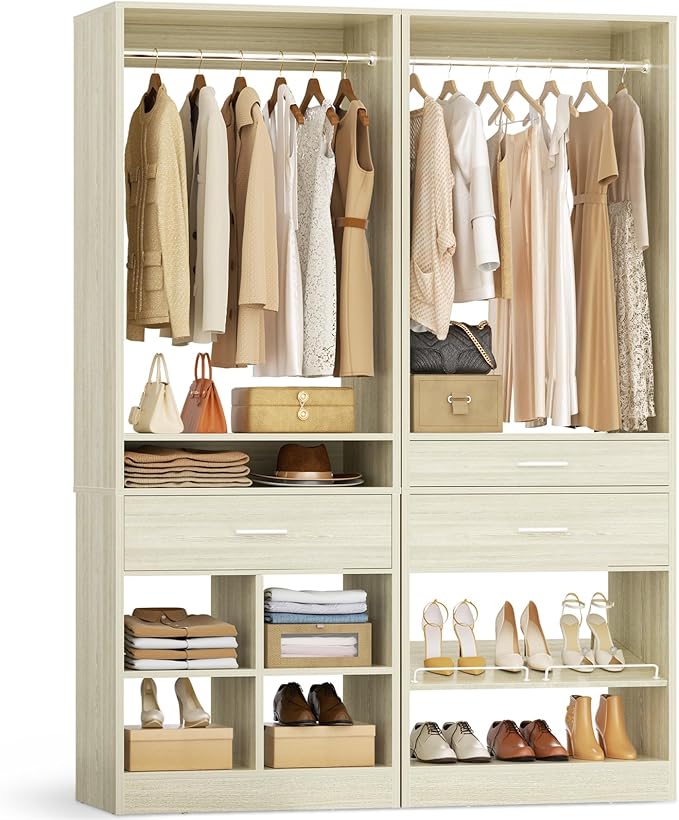 Unikito 50” W x 80'' H Closet Organizer Storage System with 2 Hanging Rod and 2 Wooden Drawers, Adjustable Shoes Rack, 4 Cubby Storage, Walk-in Closet Tower for Bedroom, Mudroom, Entryway, White Oak