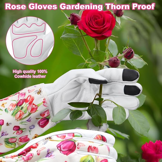 DLY Gardening Gloves for Women, Rose Gloves Gardening Thorn Proof, Long Garden Gloves for Women, Breathable Cowhide Leather Gauntlet(Large,White)