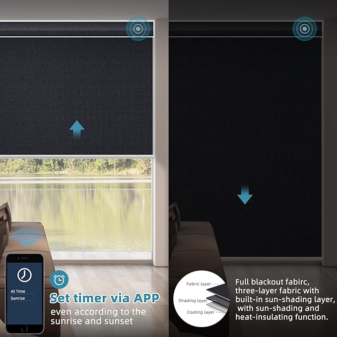 SmartWings Motorized Smart Blinds with Remote, Custom Automatic 100% Blackout Roller Shade Compatible with Alexa/Homekit/Google, Electric Smart Blinds for Indoor Windows, Eclipse Onyx Black