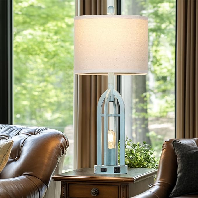 27" Industrial Farmhouse Table Lamp,Vintage Rustic Blue Beside Lamp with USB A+C Charging Ports & AC Outlet, Metal Nightstand Lamp with LED Night Light for Bedrooms (2 LED Bulbs Included)