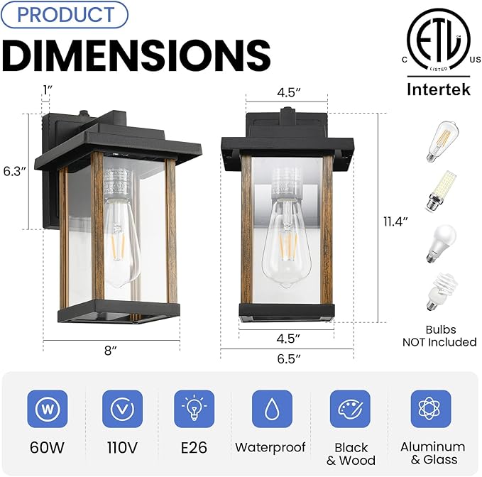 Outdoor Wall Sconce, Outside Porch Light Fixtures, Dusk to Dawn Wall Mount Anti-Rust Exterior Wall Lights in Wood Grain & Black Finish with Clear Glass