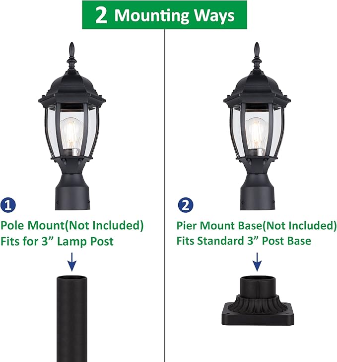 LIT-PaTH Outdoor Post Lighting Fixture Pole Lantern, E26 Medium Base Max 60W, Aluminum Housing Plus Glass, Matte Black Finish, 1-Pack