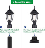 LIT-PaTH Outdoor Post Lighting Fixture Pole Lantern, E26 Medium Base Max 60W, Aluminum Housing Plus Glass, Matte Black Finish, 2-Pack