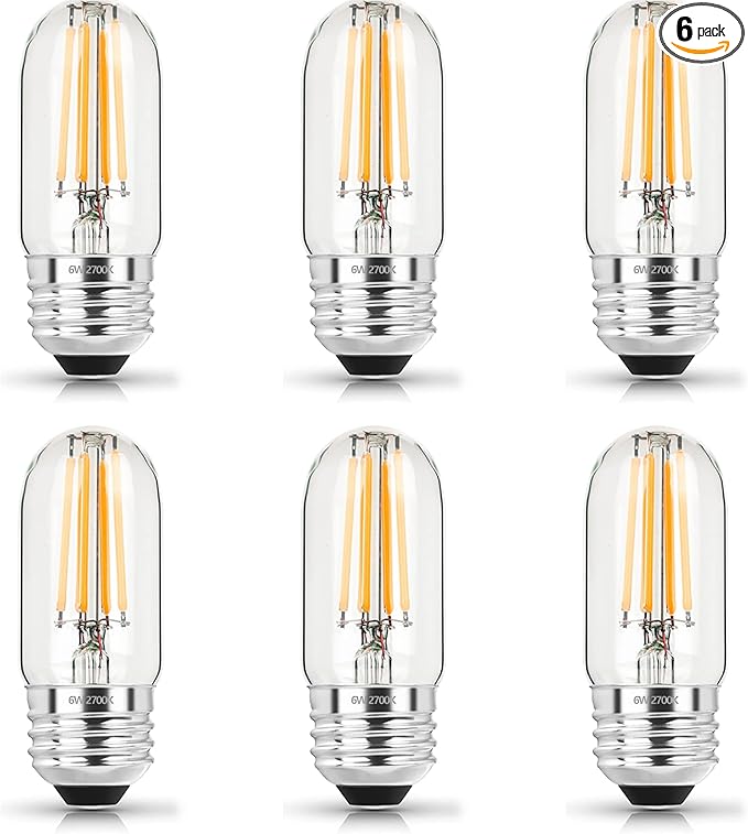3.2 Inch 2700K Soft White E26 LED Bulb 60 Watt Equal, AC 120V 600LM Edison Bulbs Dimmable, 6W T10 T30 Tubular Filament Light Bulbs Clear Glass for Fan Pendant Wall Light, UL Listed-6 Pack