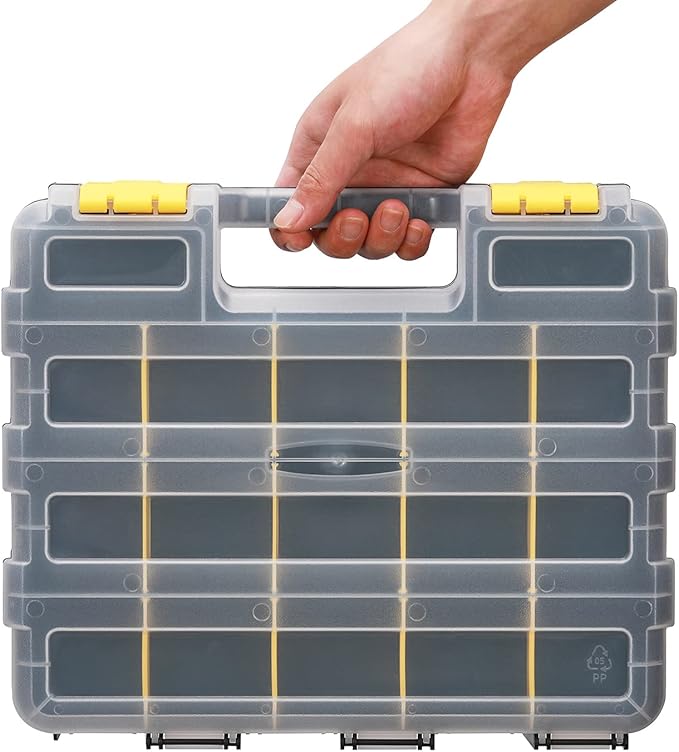 EMENTOL 2PCS Double Side Tool Organizer with Customizable/Removable Plastic Dividers, Hardware Box Storage for Screws, Nuts, Nails, Bolts, 34-Compartment, Black/Yellow