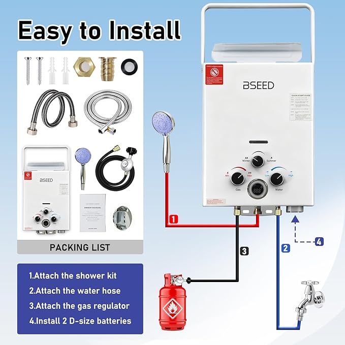 BSEED Propane Water Heater Tankless, 41,000 BTU, 1.58GPM 6L Outdoor Propane Gas Water Heater with Digital Display and Multi-Protection for Camping, RV, Boat, Cabins, White