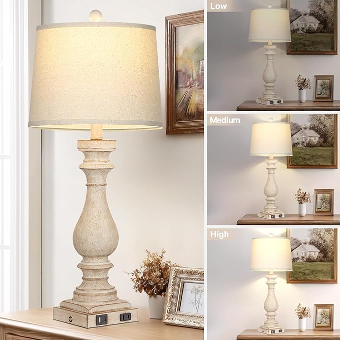 27.5" Farmhouse Table Lamp for Living Room Set of 2,Vintage Bedside Lamps with USB C+A Ports & AC Outlet,3-Way Dimmable Touch Control White Washed Finish Nightstand Lamp for Bedroom,Beige