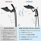 G-Promise All Metal 10 Inch Shower Head with Massage Mode Handheld, Rain Shower Head with Handheld Spray Combo, 3-Way Diverter with Pause Setting, 11 Inch Adjustable Extension Arm (Matte Black)