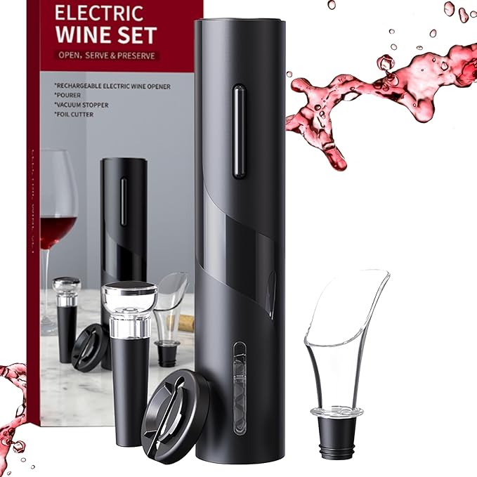 Electric Wine Opener 4-in-1 Gift Set, Vacuum Wine Stopper, Wine Pourer, Foil Cutter, Corkscrew, Battery Operated, Wine Cap, Wine Aerator, Easy Wine Cork Removal to Storage(SGS)