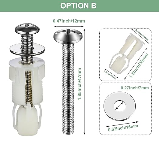 Stainless Universal Toilet Seat Bolts and Nuts Set - 2 Sets With Rubber & Plastic Nuts, Brass Thread Insert for Easy Installation