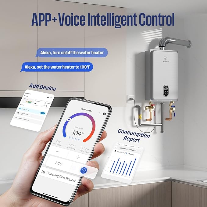 Westinghouse Tankless Water Heater Propane Indoor Installation Max 5.1 GPM 120,000 BTU, WIFI Enable Temp Self Modulating Non Condensing High Efficiency for House or Commercial, APOLO Performance