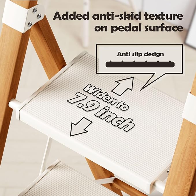 Taranta 4 Step Ladder, Portable Folding Ladder with Wide Pedal, Lightweight Aluminum Step Stool with Convenient Handgrip, 330 lbs Capacity Stepladder for Home, Office - White Woodgrain