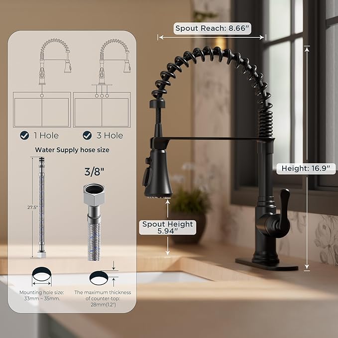 FORIOUS Rustic Black Kitchen Faucet with Pull Down Sprayer, 3 Modes Stainless Steel High Arc Vintage Spring Sink Faucet 1 or 3 Holes for Pot Filler, Farmhouse Camper Wet Bar