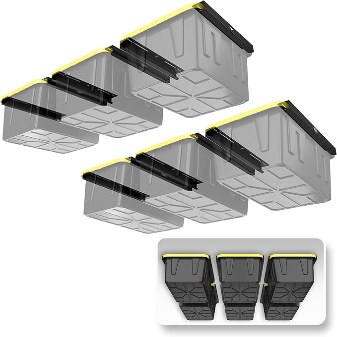 Koova Heavy-Duty Overhead Garage Storage Rack for 6 Bins. Adjustable Width, 240lb Capacity. DIY Safe Mount, Easy Install. Fits 27-Gallon Totes. USA Made Pro-Grade Steel. Space Saving Organizer
