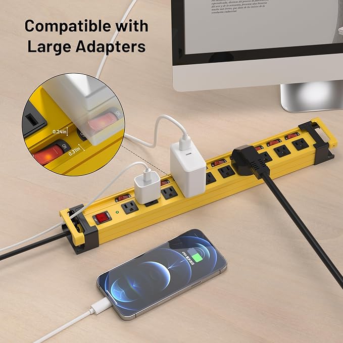 Power Strip 10 Outlet,3300J Surge Protector with Individual Switches,9FT Cord 14AWG/15AMP/1875W,Metal Heavy Duty Power Strip with Cord Manager,for Workshop,Garage,Shop,Home