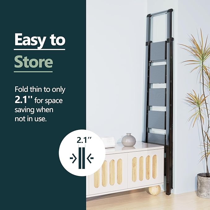WOA WOA 6 Step Ladder for 12 Feet High Ceiling, Lightweight Foldable Ladder with Non-Slip Wide Pedals, Stepladder with Safe Handrail, Space Saving for Home, Kitchen, Indoor & Outdoor 300lbs - Black