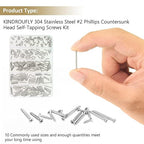 242 Pieces #2 x 1/4" 3/8" 1/2" 5/8" 3/4" Phillips Countersunk Head Self-Tapping Screws, Wood Screws Assortment Kit, 304 Stainless Steel