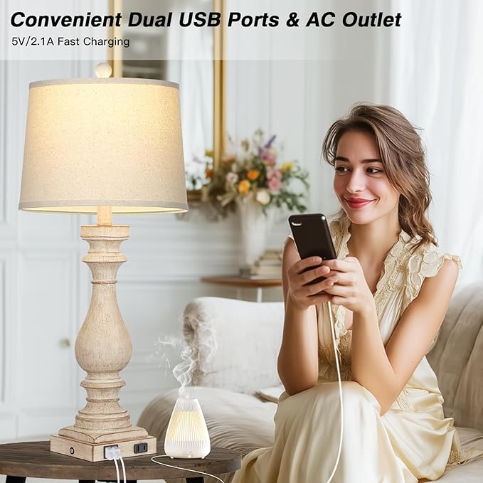 27.5" Farmhouse Table Lamp for Living Room Set of 2,Vintage Bedside Lamps with USB C+A Ports & AC Outlet,3-Way Dimmable Touch Control White Washed Finish Nightstand Lamp for Bedroom,Beige