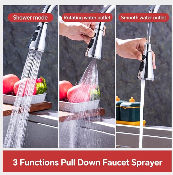 Universal Kitchen Faucet Replacement Pull Down Sprayer with 3-Spray Modes & 16 Adapters - Compatible with Moen, Kohler, and Delta and Sink Faucets (Chrome silver)