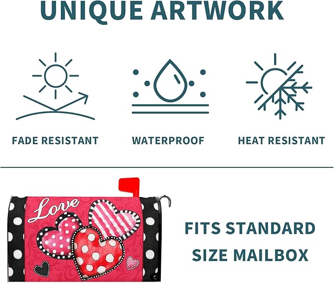 Kawani Valentine's Day Love Hearts Mailbox Covers Magnetic Red Pink and Black Polka Dots Mailbox Covers Magnetic Standard Size 21x18 Inch Holiday Post Letter Box Cover for Garden Yard Decor