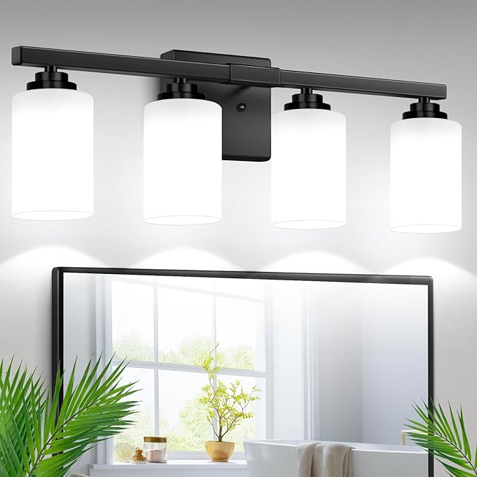 4-Light Bathroom Light Fixtures, 27" Modern Vanity Lights Over Mirror with Milky White Glass Shade, Matte Black Light Fixture, Classic Wall Light Fixture for Mirror Living Room Cabinet Bedroom Porch