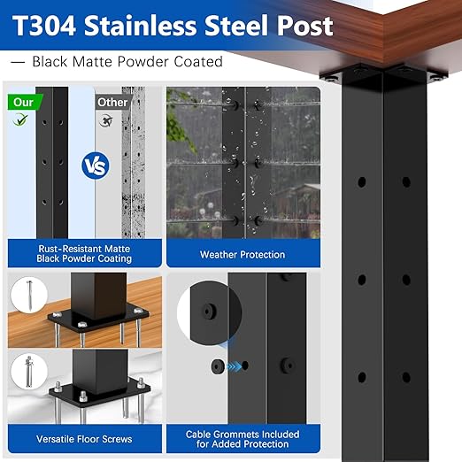 36" T304 T-drilled Cable Railing Corner Post(Post 35"x2"x2"), Three Sides Wire Railing Post with Cable Grommets, Fixed Top Mount Stainless Steel Black Finish Deck Staircase Post