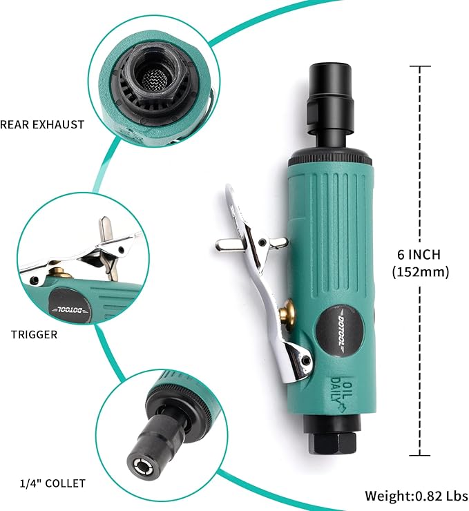 1/4" Air Die Grinder Kit Straight Pneumatic 22000 RPM Rear Exhaust Polisher with 1/4"(6MM) and 1/8"(3MM) Collets Mini and Compact Size, Polishing Tool