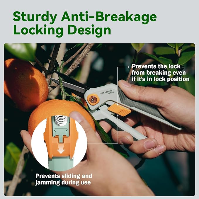 PrunePro Garden Scissors Pruning Shears Sharp Stainless Steel Non-Stick Teflon Coating Blade for Precise Cuts Garden Snip Bonsai Clippers for Plants Rose Flower Green & Orange
