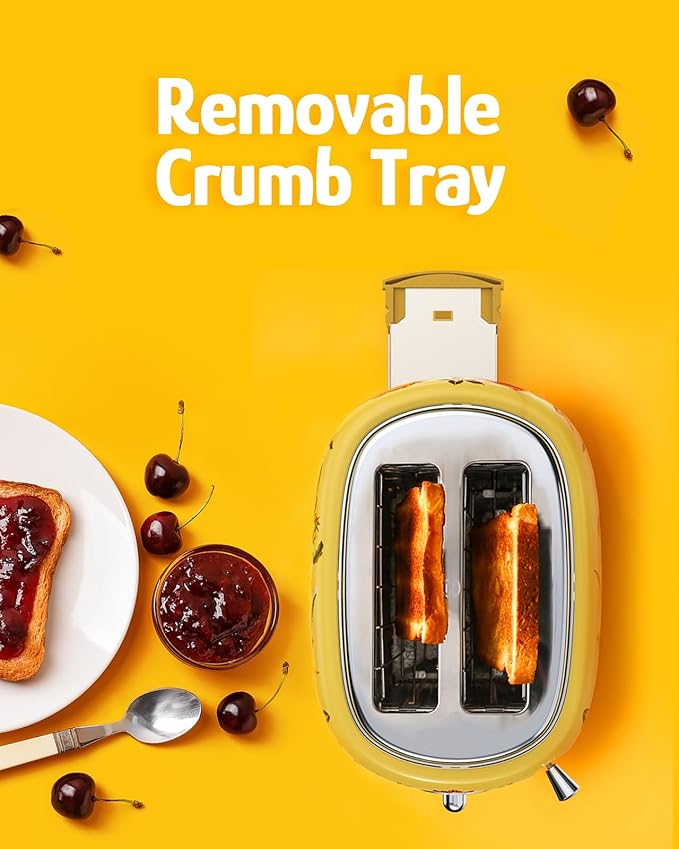 Hazel Quinn X Eduardo Recife Collaboration 2-Slice Retro Toaster, 6 Browning Levels, 3 Functions-Defrost/Reheat/Cancel, Removable Crumb Tray for Easy to Clean, 1.5 Inches Extra Wide Slots