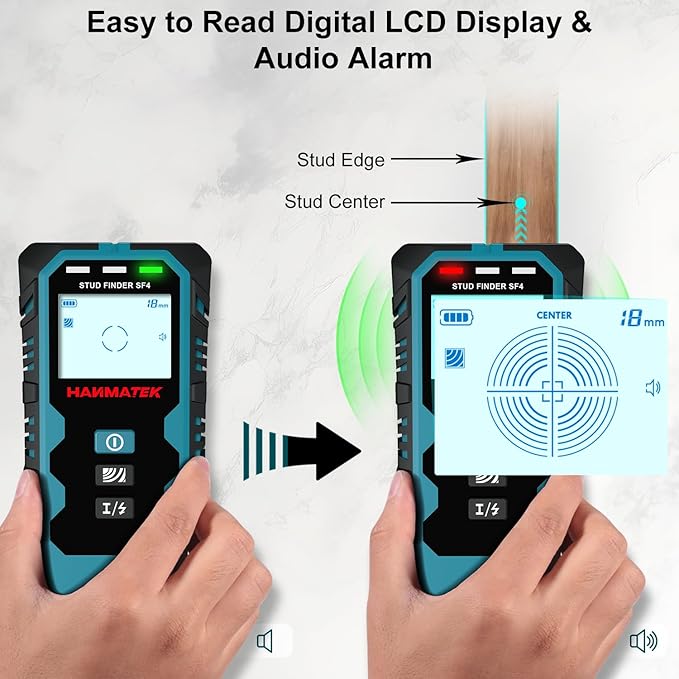 HANMATEK Stud Finder Wall Scanner,5 in 1 Multifunction Stud Locator with Upgraded Smart Sensor Audio Alarm HD LCD Display, Stud Finder Tool for The Center Edge of Metal, Studs, Plaster,AC Wire,Pipe