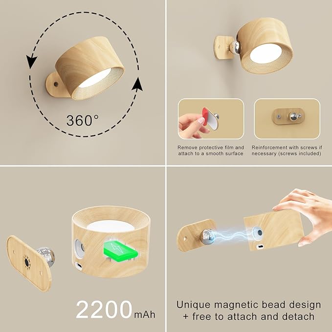 Koopala LED Wall Lamps Set of 2 with Rechargeable Battery Operated, Wall Mounted Lights with 3 Brightness 3 Color Temp Removable Charging 360°Rotate Magnetic, Cordless Wall Sconces for Reading Bedside