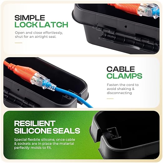 SockitBox – The Original Weatherproof Connection Box – Indoor & Outdoor Electrical Power Cord Enclosure for Timers, Extension Cables, Holiday Lights, Power Tools, Fountains & More – Size Small – Black