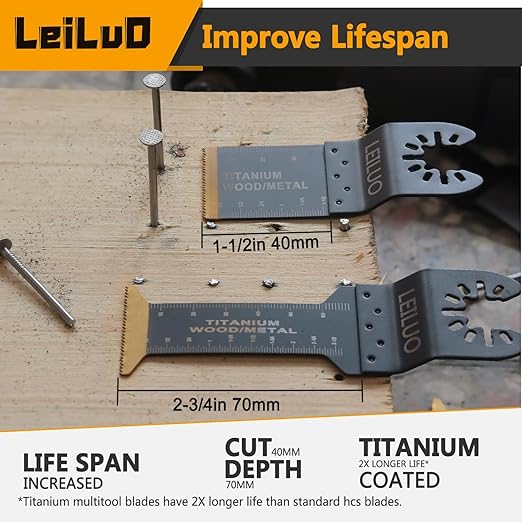 LEILUO 50 Pcs Oscillating Tool Blades Set Extra Long Titanium Multitool Saw Blades with Storage Bag Universal Fit Cutting Accessories for Wood Nails Drywall PVC Trim Home Renovation
