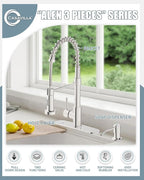 Kitchen Faucet Set, Commercial Kitchen Sink Faucets with Pull Down Sprayer and Soap Dispenser, Stainless Steel Faucets for Kitchen Sinks, Single Handle Spring Faucet with Deck Plate