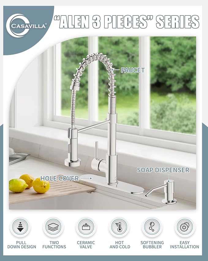Kitchen Faucet Set, Commercial Kitchen Sink Faucets with Pull Down Sprayer and Soap Dispenser, Stainless Steel Faucets for Kitchen Sinks, Single Handle Spring Faucet with Deck Plate