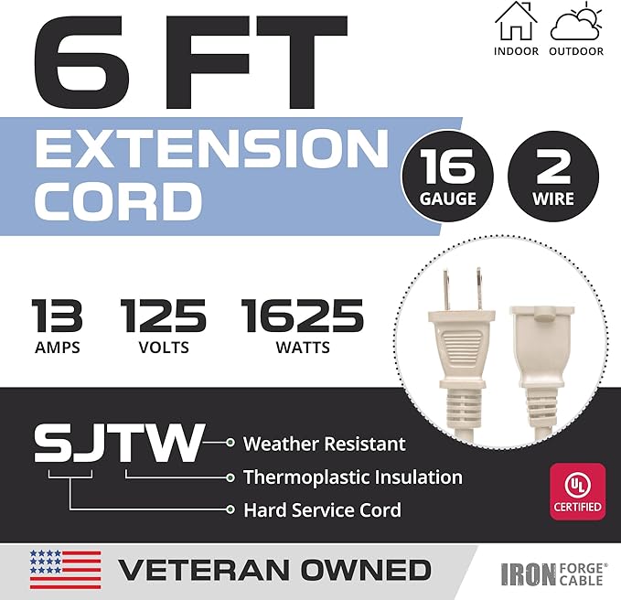 Iron Forge Cable 2 Prong Extension Cord 6 ft - 16 Gauge 13 Amp Heavy Duty Outdoor 2 Prong Power Cord - SJTW - Great for Landscaping, Deck, Outdoor Lights - Tan