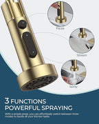 FORIOUS Kitchen Faucet with Soap Dispenser, Gold Stainless Steel Single Handle Modern Spring Commercial Sink Faucet with Pull Down Sprayer for Laundry & Utility Room RV Camp Bar Farmhouse