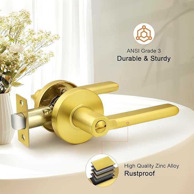 Probrico Gold Door Lever Privacy Door Handle Brushed Gold Door Handles Interior for Bed Bath, Keyless Door Handle Wave Style, 5 Pack