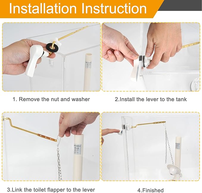 Hibbent Universal Metal Side Mount Toilet Handle Replacement Kit, Brass Toilet Flush Tank Lever with Stainless Steel Flapper Chains for Most Toilets, White Finish