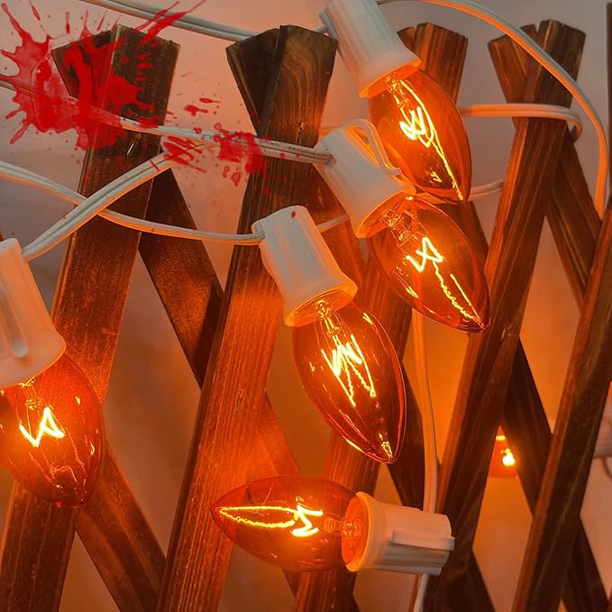 SUNSGNE 25 Pack C9 Orange Replacement Light Bulbs, Halloween Christmas Light Bulbs for E17 Base Outdoor String Lights, E17 Intermediate Base Light Bulbs, 7 Watt, Clear Orange