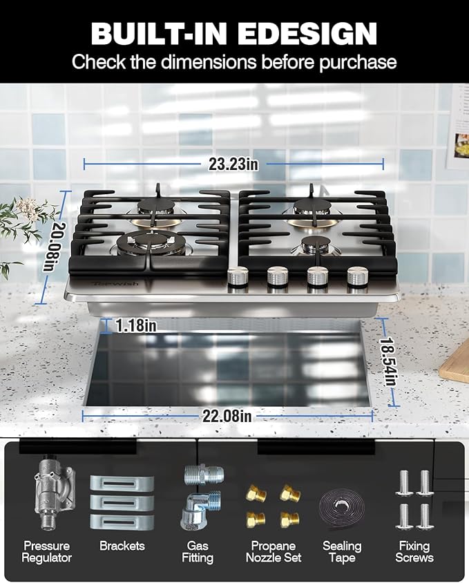 24 Inch Gas Cooktop, Propane Stove Top with 4 ITALY SABAF Sealed Burners 27,400 BTU, NG/LPG Convertible Built-in Stainless Steel Stovetop with Thermocouple Protection for Rvs Kitchen Outdoor