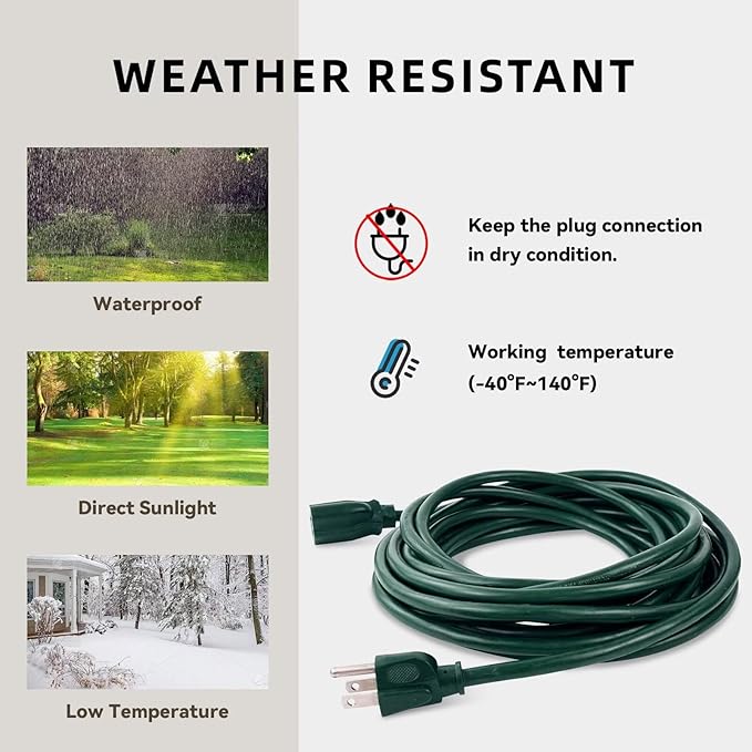 10ft Outdoor Extension Cord for Christmas Decorations - 16/3 Heavy Duty SJTW Waterproof Green Electrical Cable with 3 Prong Grounded Plug for Safety, Great for Lawn and Major Appliances