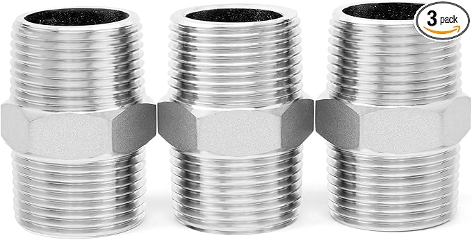 ChillWaves 304 Stainless Steel Pipe Fitting, Hex Nipple 1" NPT Male x 1" NPT Male Thread Adapter(3-PACK)