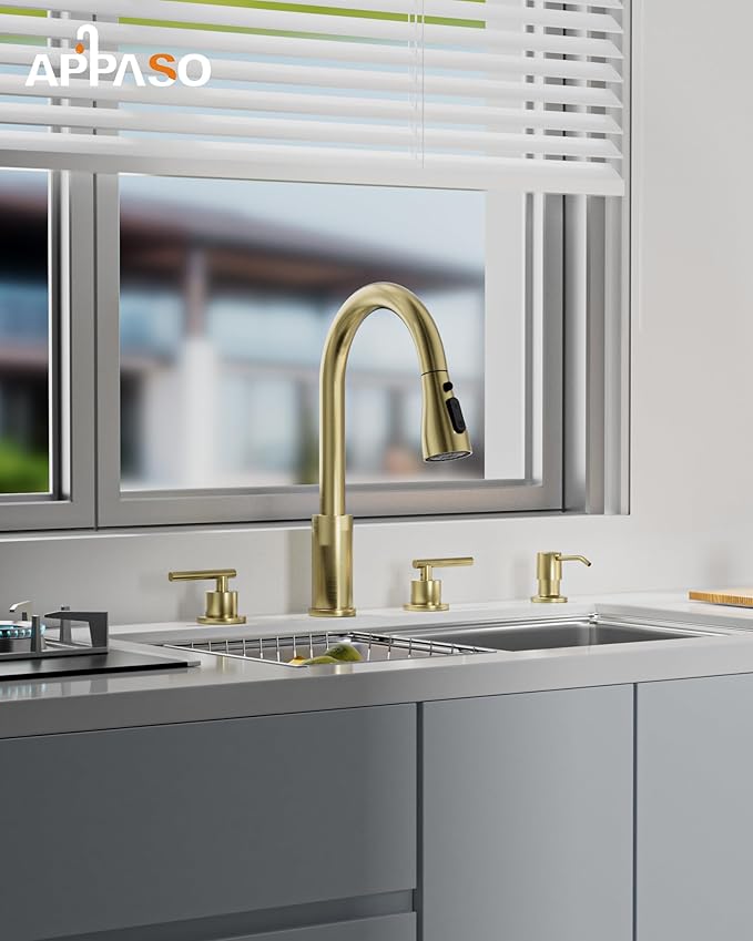APPASO 4 Hole Kitchen Faucet, Gold Two Handle Kitchen Faucets with Sprayer, Modern High Arc 3 Hole Kitchen Faucet with Pull Down Sprayer，3 Modes Stainless Steel Kitchen Sink Faucet