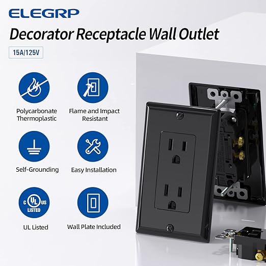 ELEGRP Decorator Receptacle, 15A 125V Standard Electrical Wall Outlet, 2 Pole 3 Wire, Non-Tamper Resistant, NEMA 5-15R, Self-Grounding Residential Grade, w/Wall Plate, UL (Glossy Black, 10 Pack)