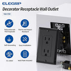 ELEGRP Decorator Receptacle, 15A 125V Standard Electrical Wall Outlet, 2 Pole 3 Wire, Non-Tamper Resistant, NEMA 5-15R, Self-Grounding Residential Grade, w/Wall Plate, UL (Glossy Black, 10 Pack)